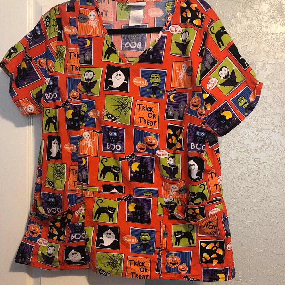 Scrubstar Halloween Print Scrub Top - Pink and Green